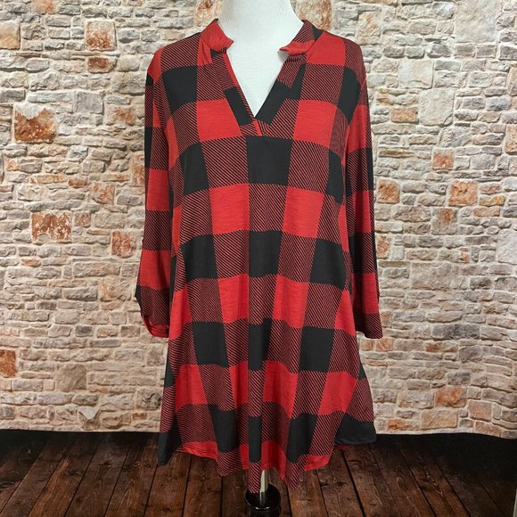 NWT HoneyMe Buffalo Plaid Checkered Red & Black Tunic Small - Picture 7 of 15